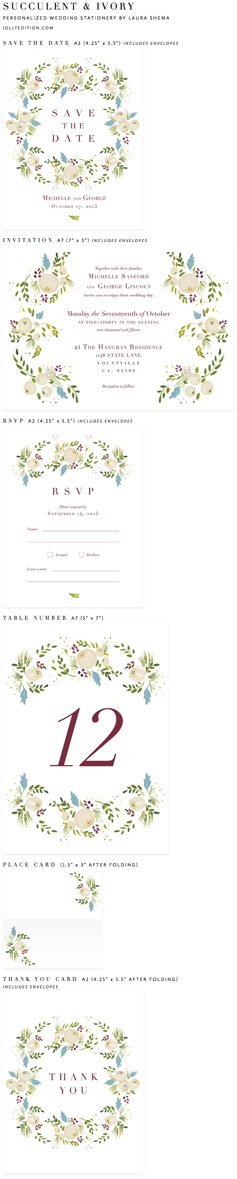Succulent and Ivory Personalized Wedding Stationery by Laura Shema of Jolly Edition