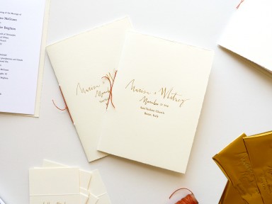 Jolly Edition custom wedding stationery, gold foil letter press and hand-deckled rustic wedding programs by Laura Shema