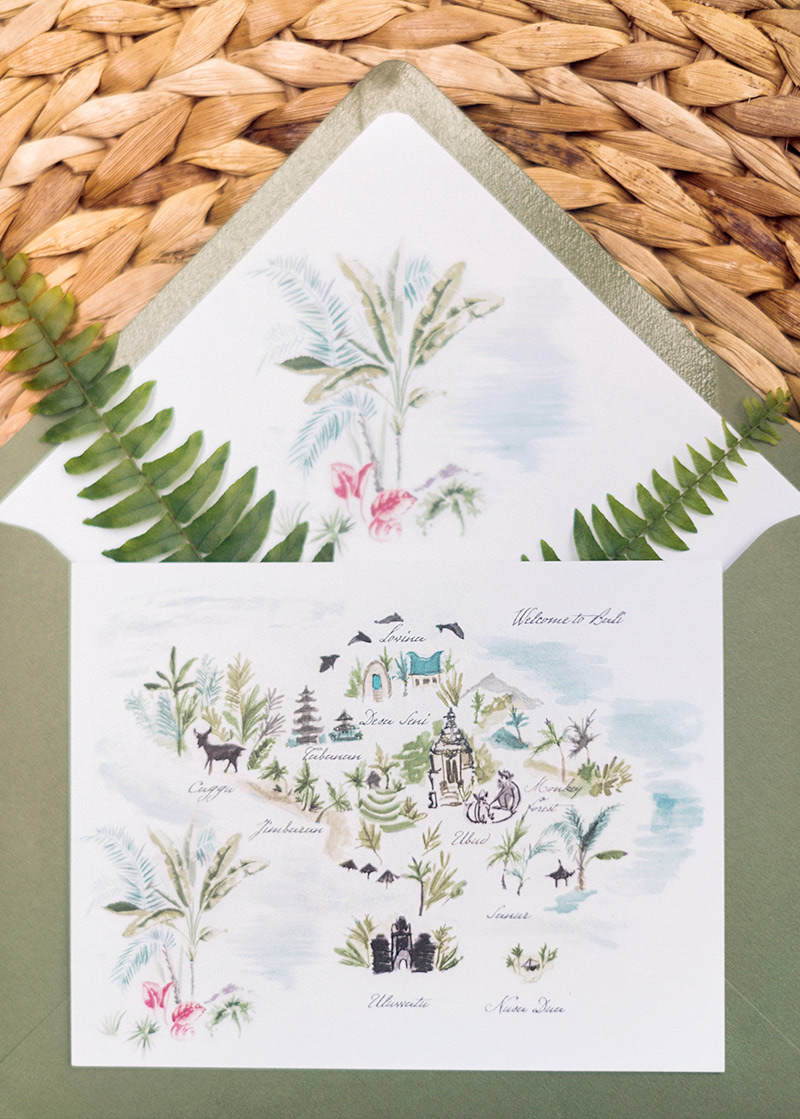 Jolly Edition Bali wedding stationery illustrated by Laura Shema  photographed by Audra Wrisley