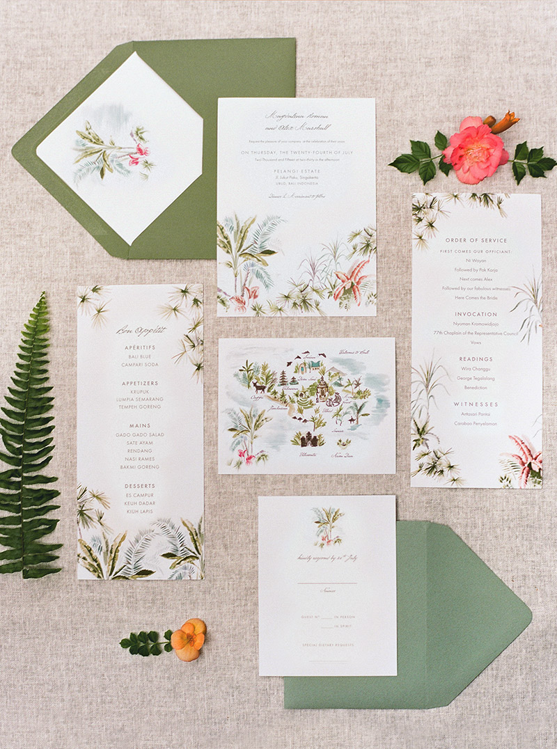 Jolly Edition Bali wedding stationery illustrated by Laura Shema  photographed by Audra Wrisley