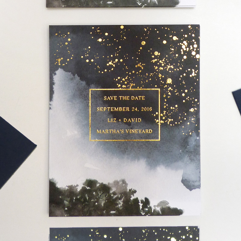 Celestial gold foil save the date by Laura Shema for Jolly Edition
