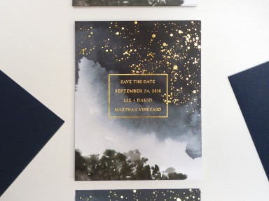Gold Foil celestial save the date illustrated by Laura Shema for Jolly Edition