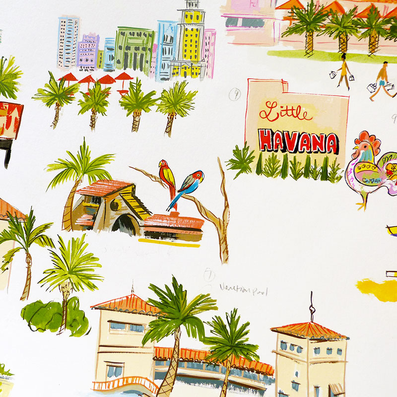 Miami map illustrated by Laura Shema for Jolly Edition - parrot jungle, art deco district, coco walk, little havana