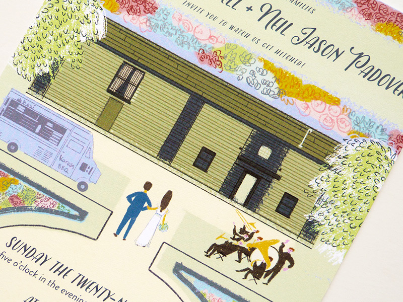 The Green Building, Brooklyn custom wedding invitation. illustrated by Laura Shema for Jolly Edition.