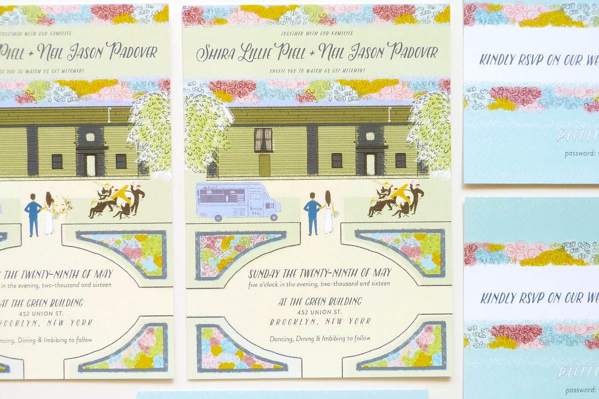 Rad brooklyn story book inspired wedding invitation illustrated by Laura Shema for Jolly Edition