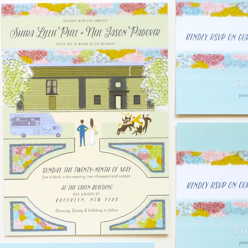 May 2016 Blog Post. The Green Building, Brooklyn custom wedding invitation. illustrated by Laura Shema for Jolly Edition.