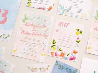 Los Angelos, Hollywood invitations, rsvp, table cards and rehearsal invitation for Kate Gersten and Matthew Shire illustrated by Laura Shema for Jolly Edition