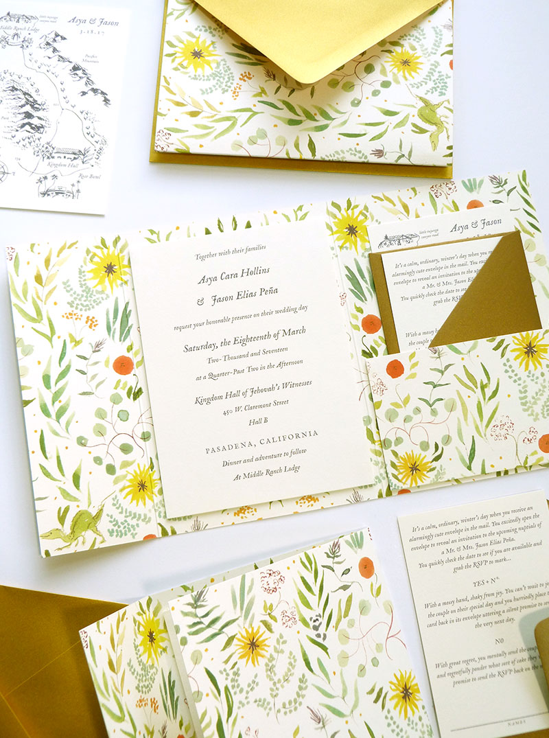 tri-fold, mounted invitation with patterns, and metallics by Laura Shema