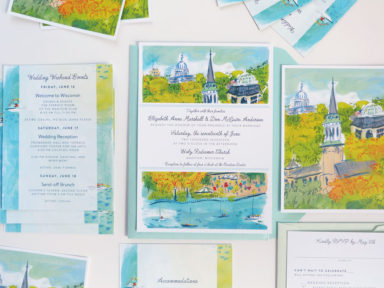 custom illustrated wedding invitation, rsvp, details card, Madison, Wisconsin