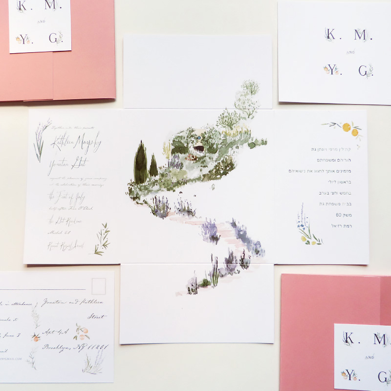 dusty pink wedding invitation, square fold out format, clasp enclosure, Israeli wedding