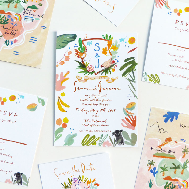 Jolly Edition Blog Post December 2017 The Palmwood on the island of Kauai invitation with rooster crest, rsvp, and save the date. Matisse inspired wedding map.