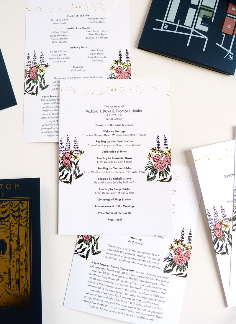 Victoria and Tom custom wedding invitations, MASS MoCA, program