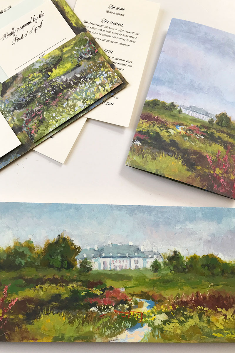 Monet-inspired wedding stationery of the Lilly House / Oldfields at Indianapolis Museum of Art.