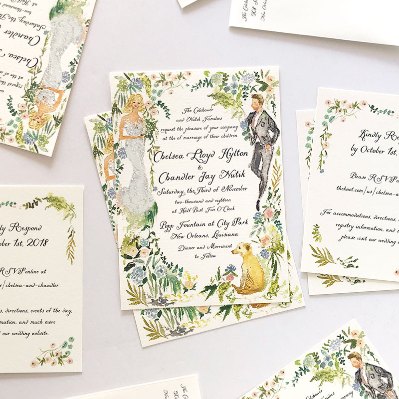Romantic New Orleans wedding stationery, custom watercolor illustrated