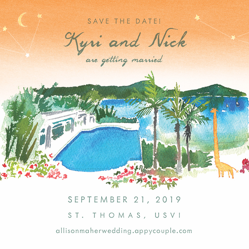 watercolor illustrated St. Thomas, USVI save the date