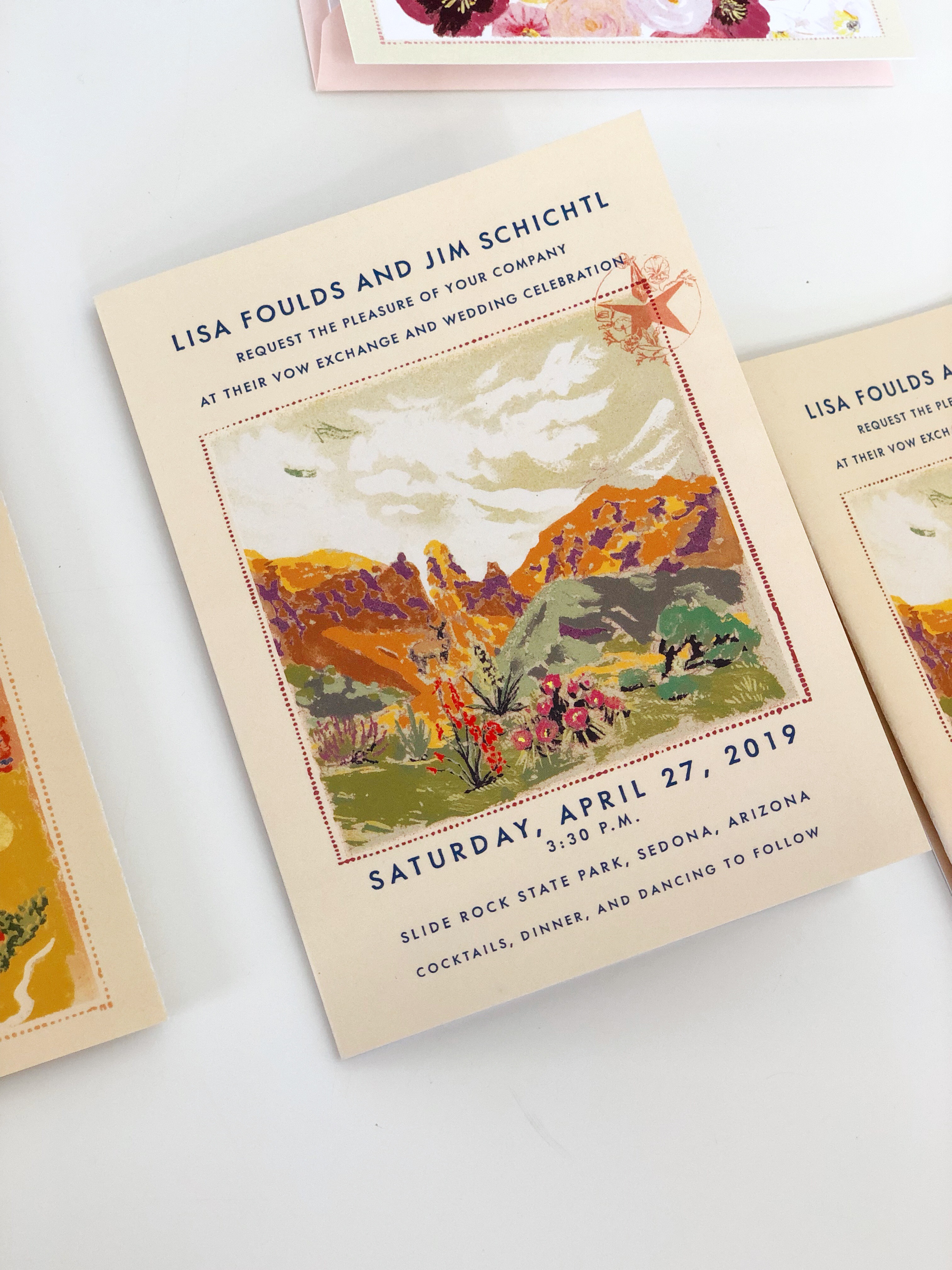 Wood-cut inspired design for Lisa and Jim's Sedona, Arizona wedding. Save the date postcards, tri-fold invitation and thank you card.