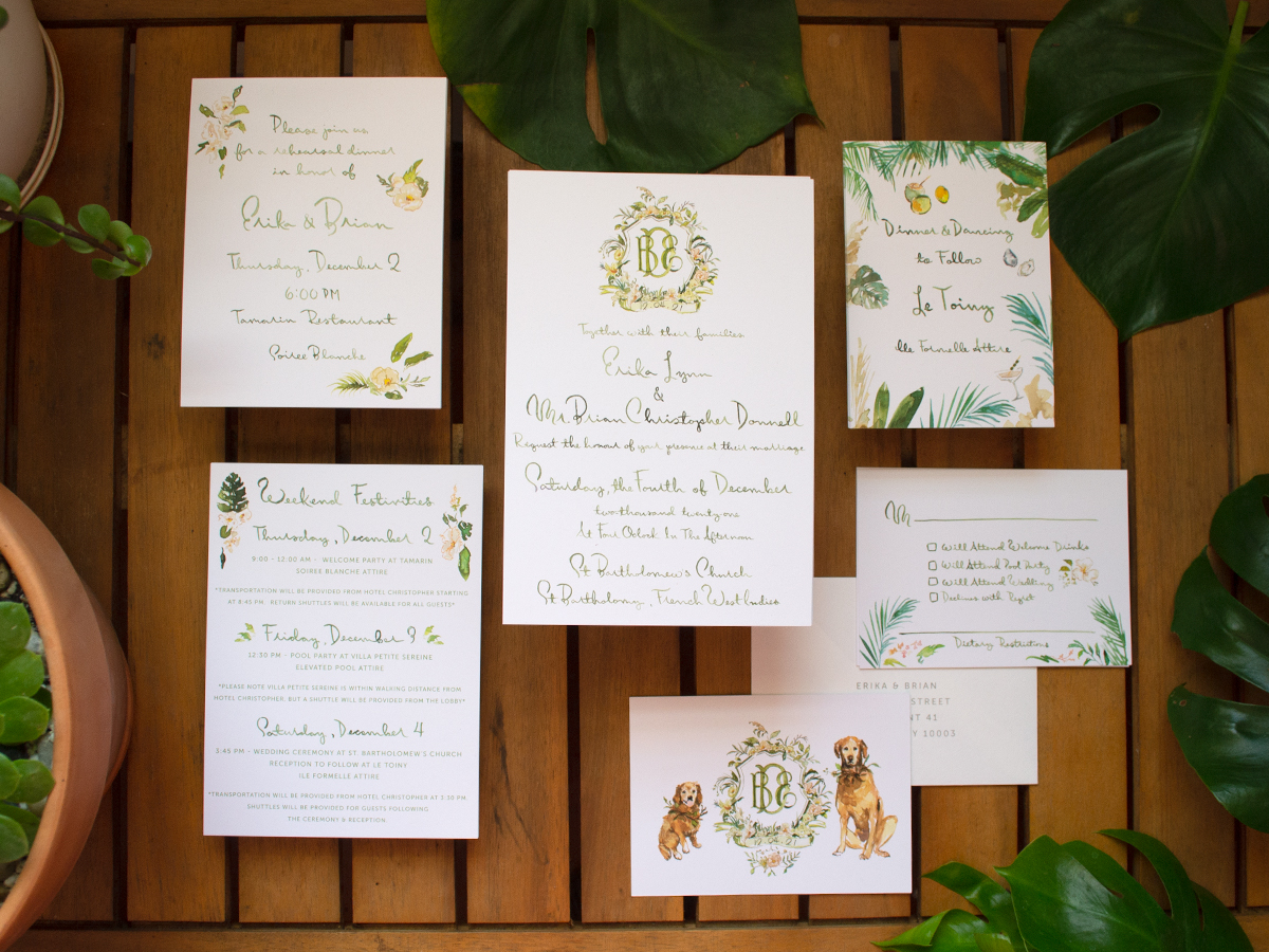 st barths wedding stationery; invite, details card, rehearsal dinner card, reply card, by jolly edition