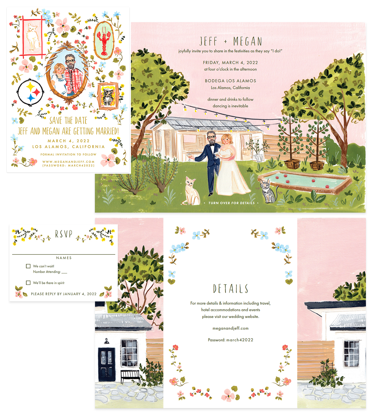 custom illustrated Save the date, gate-fold invitation and reply postcard.