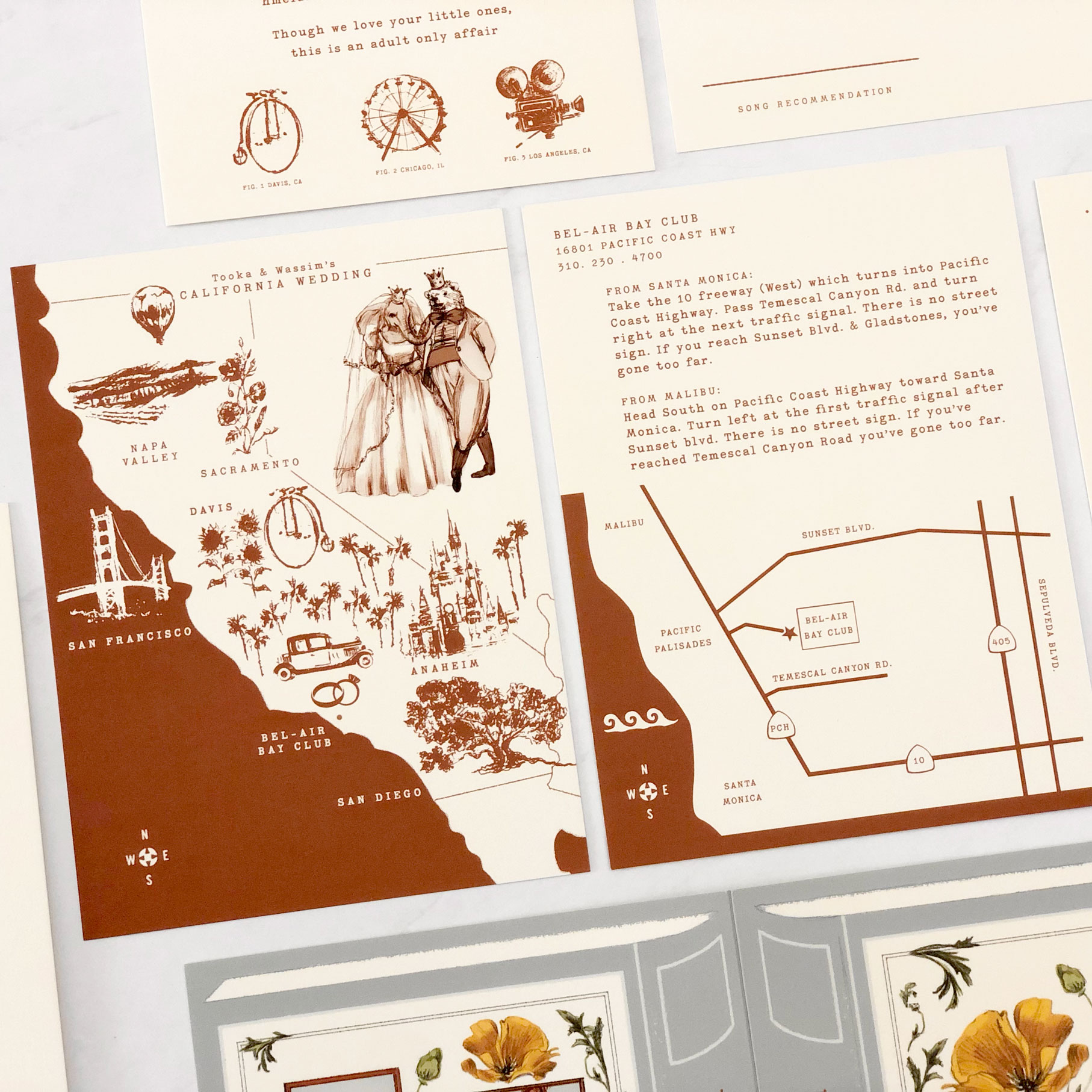 Custom wedding map: A California map and a Bel-Air Bay Club map.