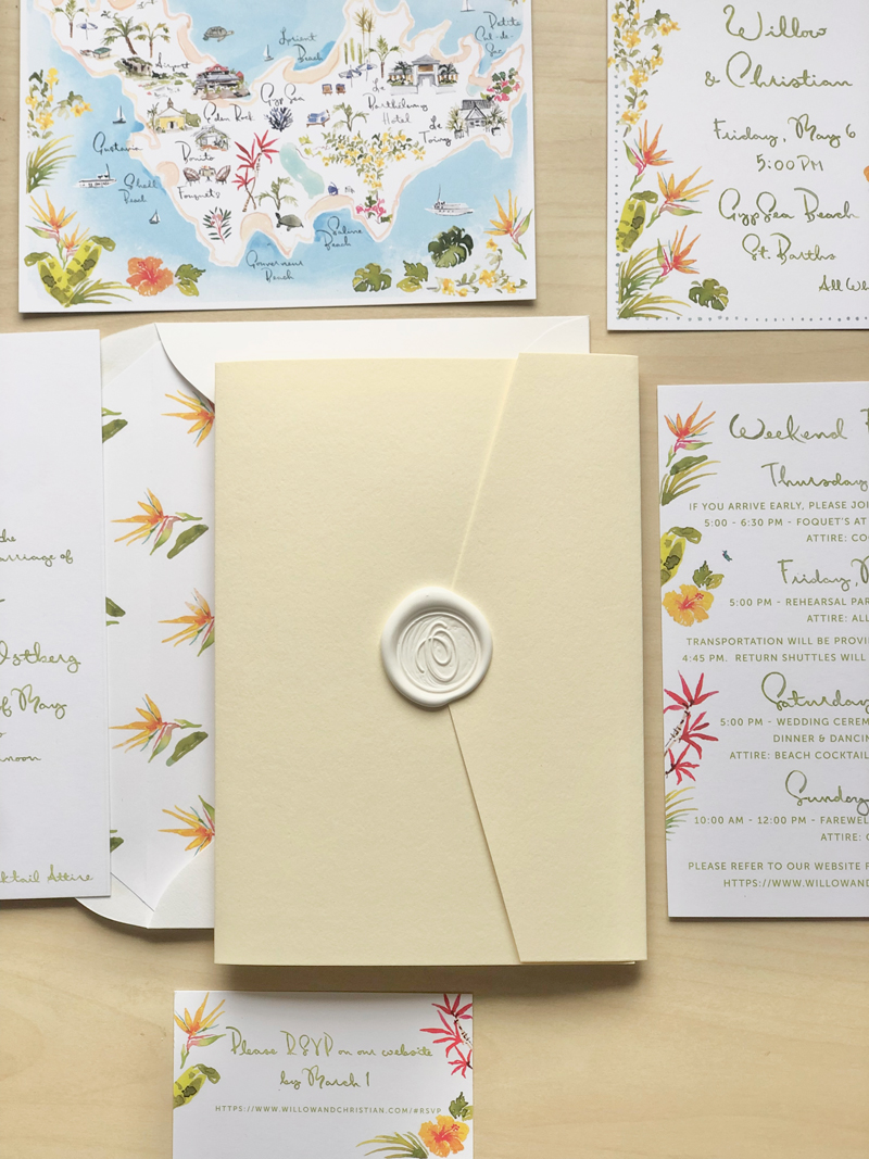 St. Barth's lux invitation. a cream cover, sealed with a wax seal and custom liner