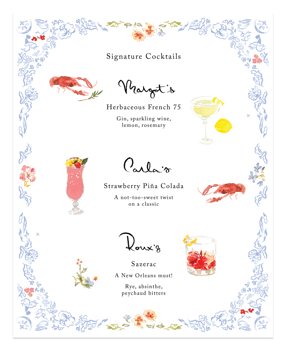 New Orleans wedding drinks: French 75, Strawberry Pina Colada, and Sazerac menu.
